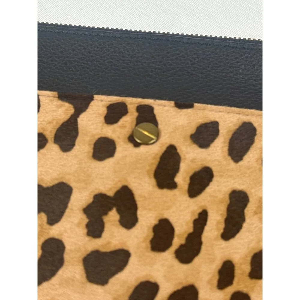 J Crew Black Leather Calf Hair Leopard Print Clutch Brass Accents Zipper - Picture 2 of 11